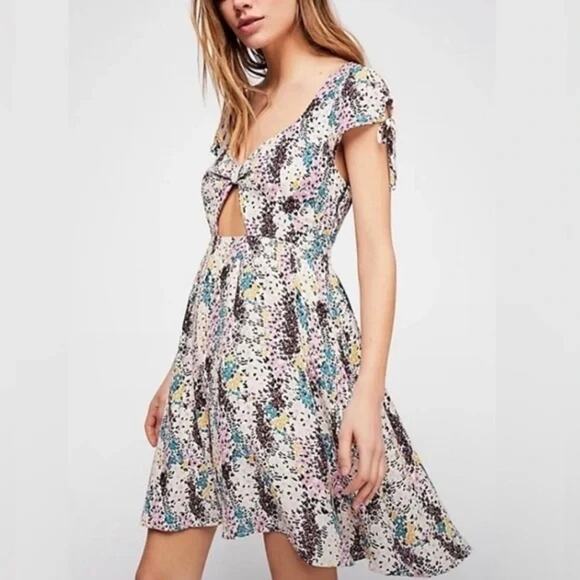 Free People Dresses & Skirts - Free People Ivory Floral Tie Front Mini Dress Cutout Waist Cottagecore XS